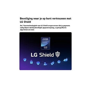 LG Shield, toegepast op LG QNED AI QNED70 Mini LED, wordt weergegeven met een LG Shield-logo in het midden, beveiligingspictogrammen onderaan en bovenaan een CES Innovation Awards 2026-badge met eervolle vermelding, die staat voor gegevens- en systeembescherming.